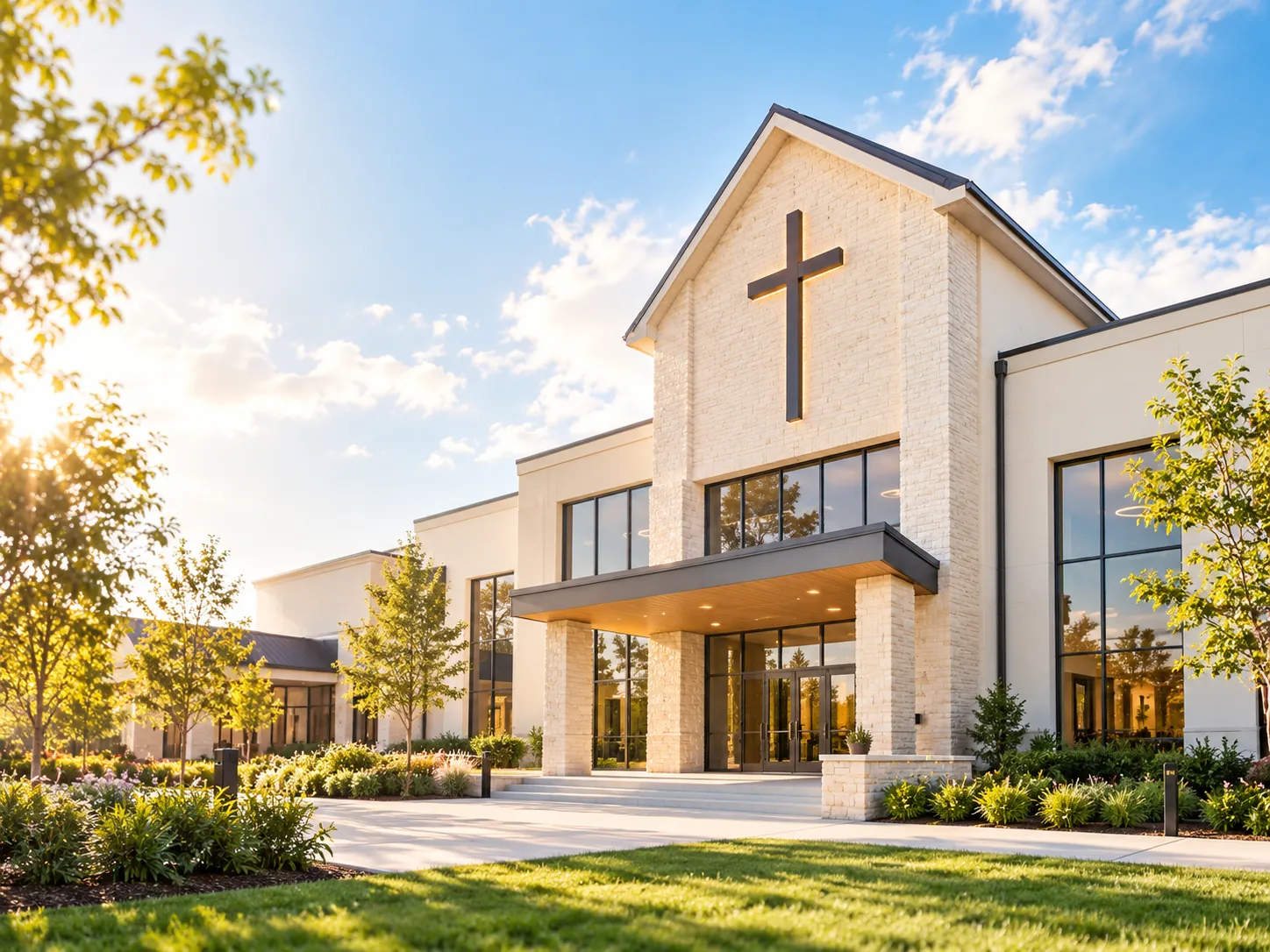 Modern church building with a cross on a sunny day