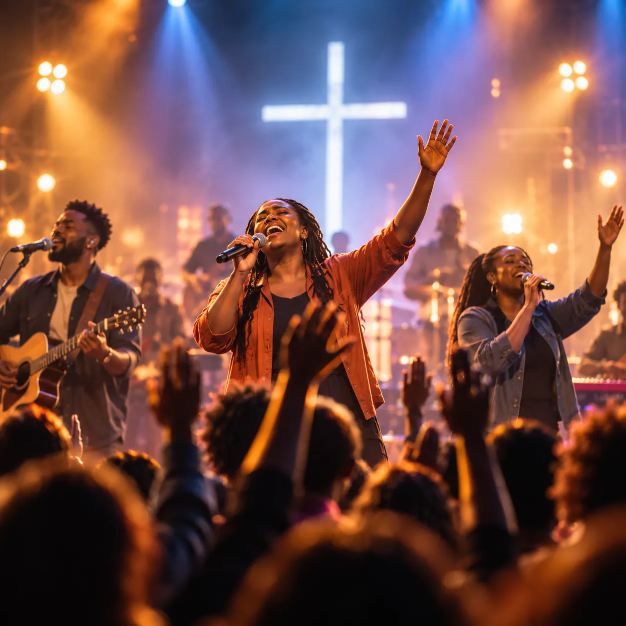 Gospel vocalists leading a concert as the audience worships