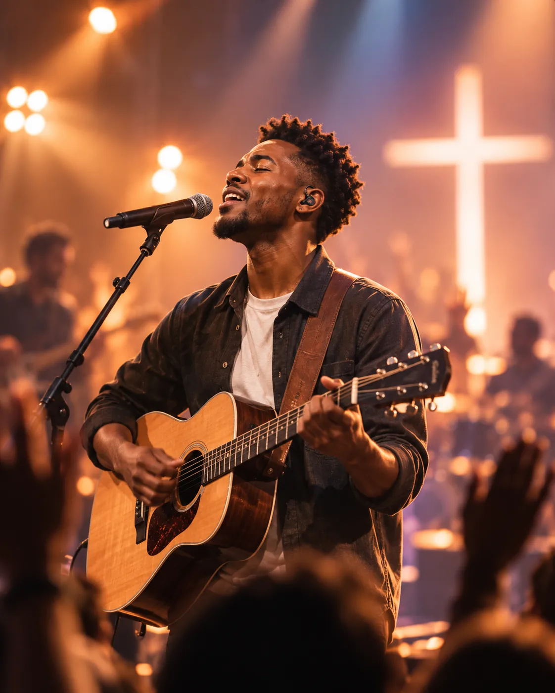 Worship leader singing and playing acoustic guitar on stage