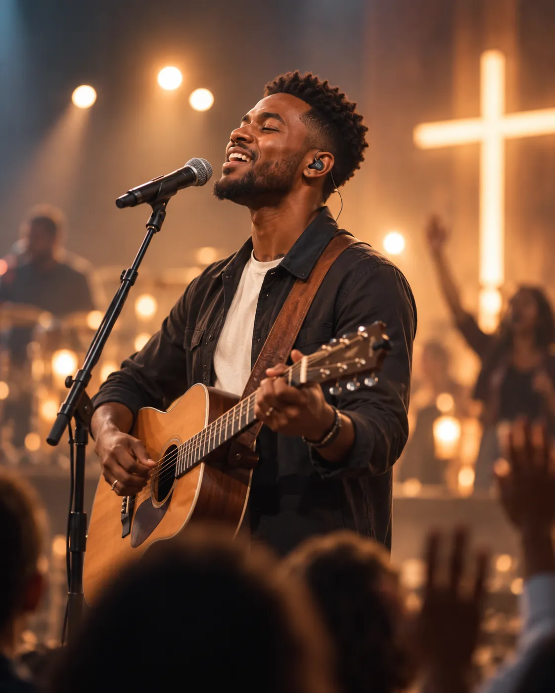 Musician leading worship with an acoustic guitar under warm stage lights