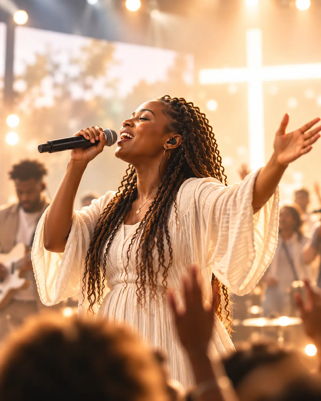 Gospel worship leader singing with eyes closed in warm golden light