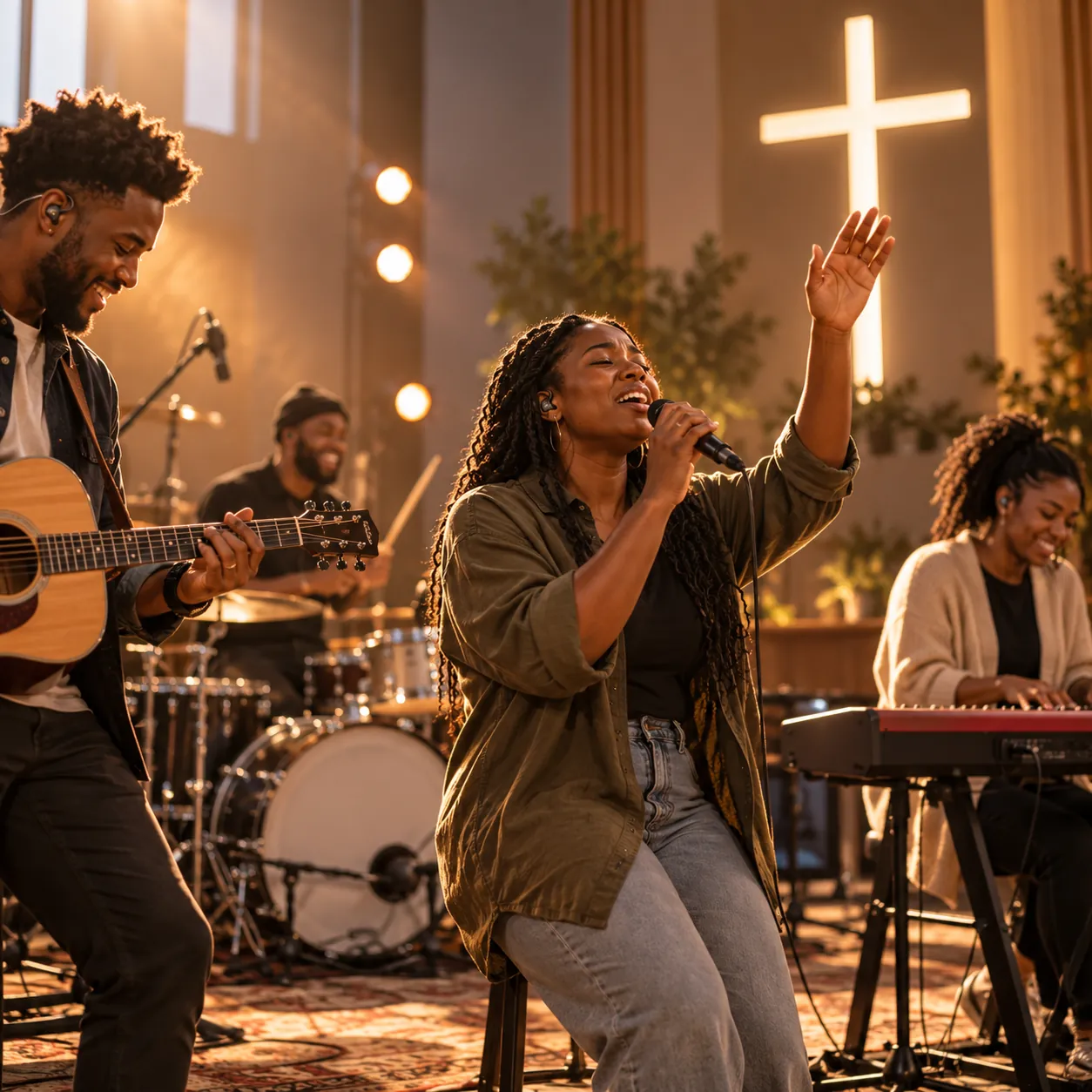 Worship team with vocalists, guitar, drums and keys leading in a bright sanctuary